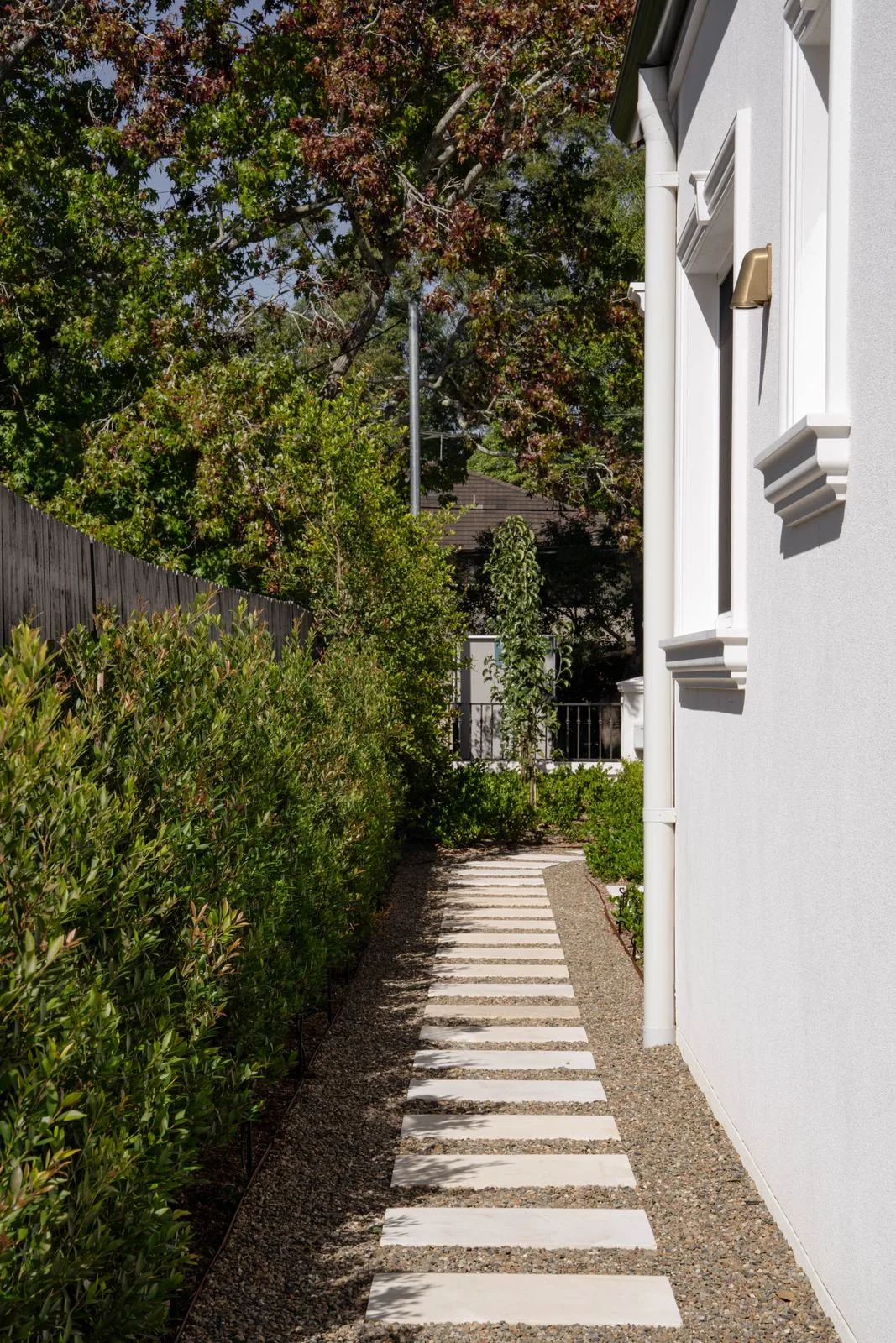 Side garden path of stepping pavers set in gravel beside a hedge